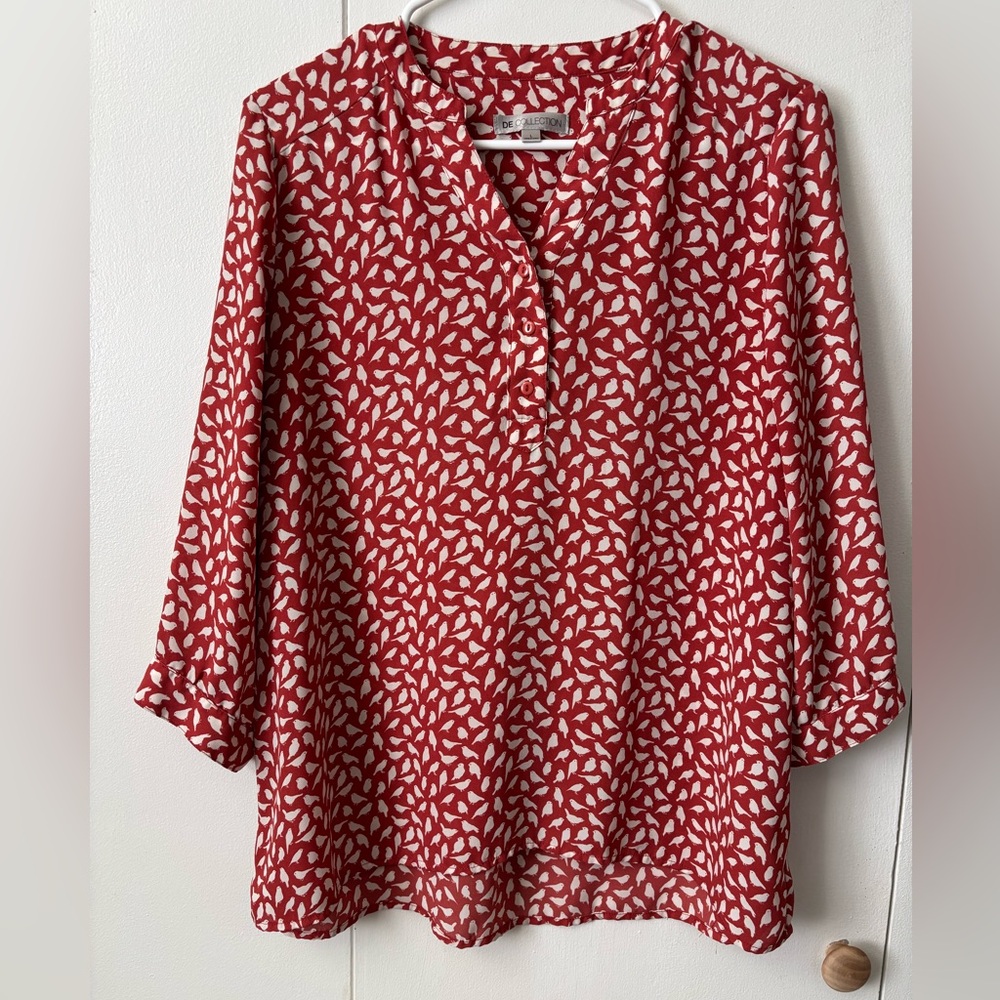 Red Bird Print Popover Blouse 3/4 sleeves